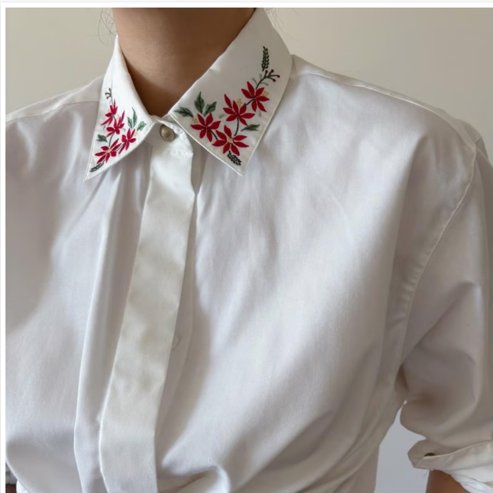 Brooks Brothers White Blouse with Red Floral Embroidery